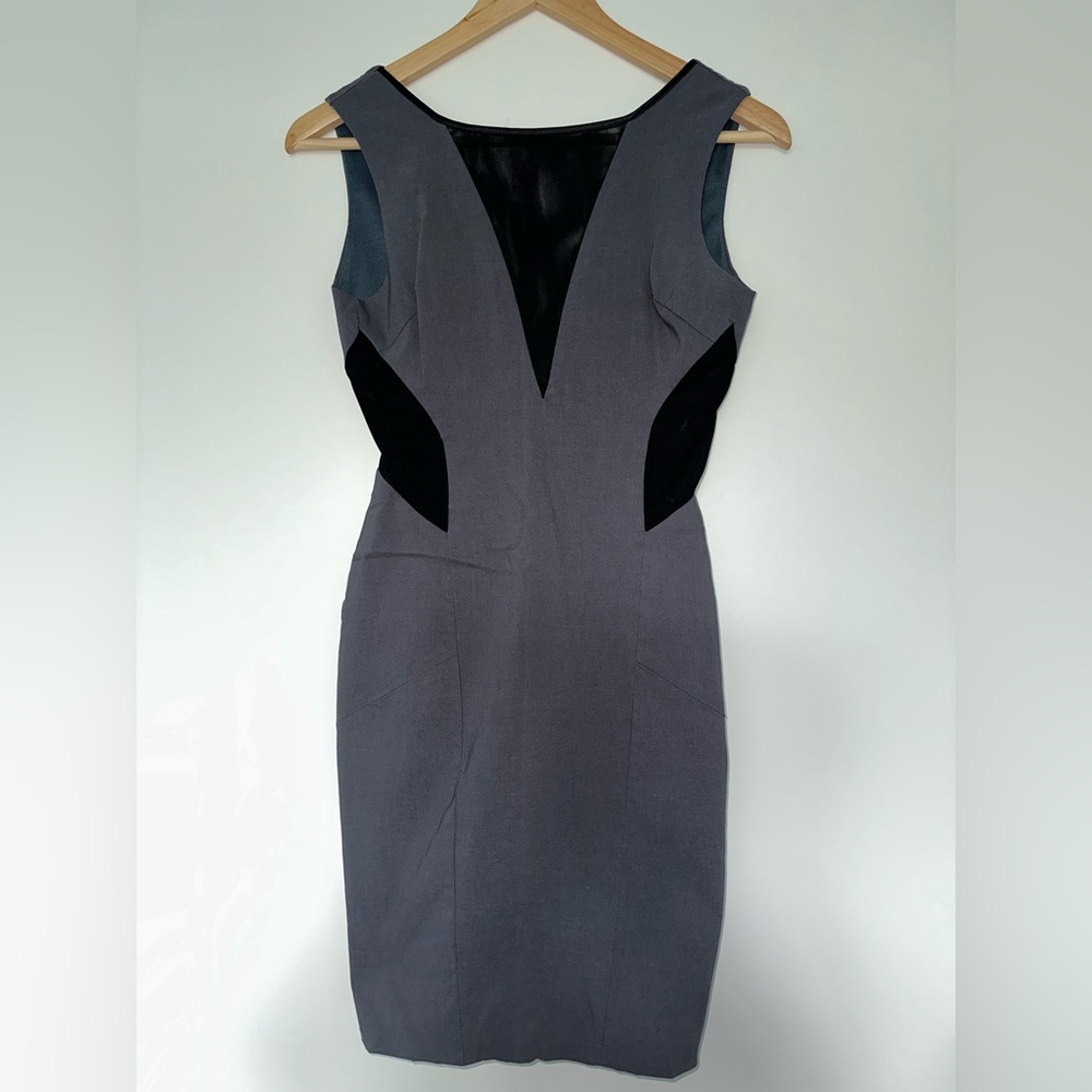 Elegant Gray and Black Sleeveless Dress with Black Mesh Cutouts